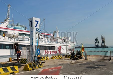 Piombino Italy - June 30 2015: Ferry boat Marmorica cruising to Island of Elba. Ferry with capacity 470 passengers and 106 vehicles