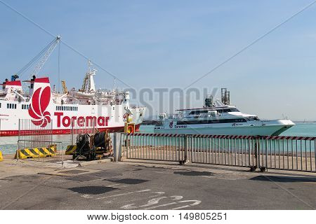 Piombino Italy - June 30 2015: Ferry boats Marmorica and Acapulco Jet in harbor of Piombino