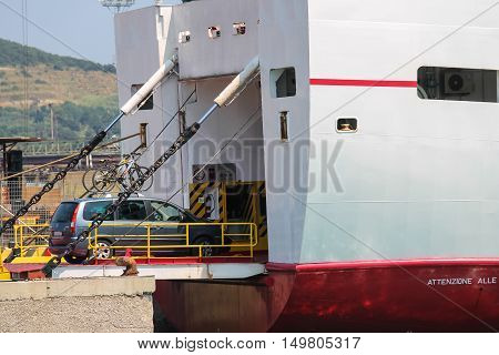 Piombino Italy - June 30 2015: Ferry boat Marmorica uploading a car. Ferry with capacity 470 passengers and 106 vehicles