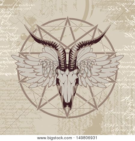 pentagram with the image of a goat skull on the background of the papyrus with occult symbols