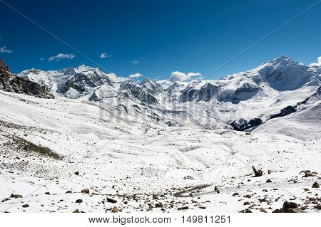 Snow covered winter landscape surrounding Thorong La pass. Trekking Annapurna circuit at 5000 m in Nepal.