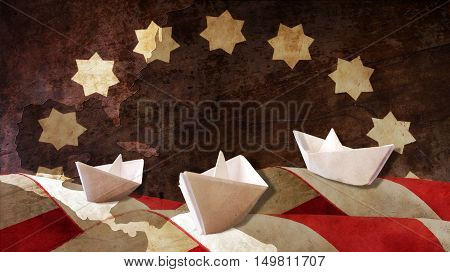 Columbus Day. Three Paper Caravels Chart and Flag Waves.