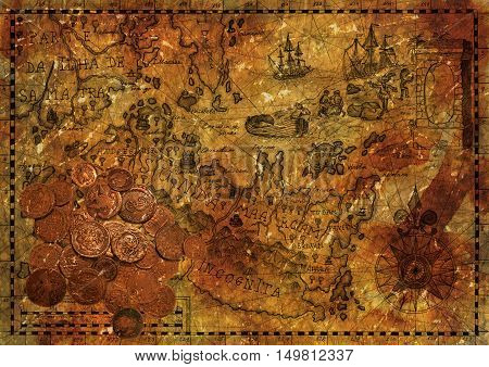 Old pirate map with ancient coins on grunge paper texture background. Hand drawn illustration and collage with treasure hunt, vintage adventures and old transportation concept