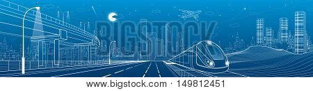 Automotive flyover, architecture and infrastructure panorama, transportation overpass, train move on the railway, business center, night city, towers and skyscrapers, urban scene, vector design art