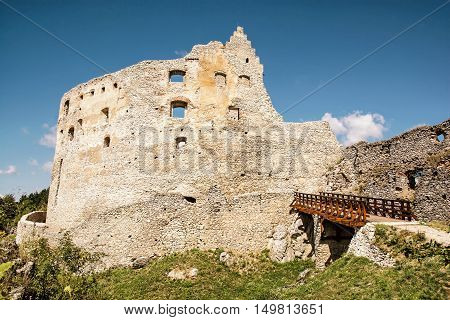 Ruins of Topolcany castle Slovak republic central Europe. Ancient architecture. Retro photo filter. Beautiful place. Travel destination.