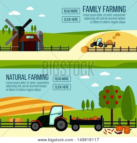Natural And Famaly Farming Banner. Agriculture Farming And Rural Landscape Background. Elements For