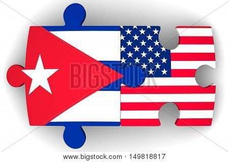The cooperation of Cuba and the United States of America. Puzzles with flags of the United States of America and Cuba on a white surface. The concept of coincidence of interests in geopolitics. Isolated. 3D Illustration