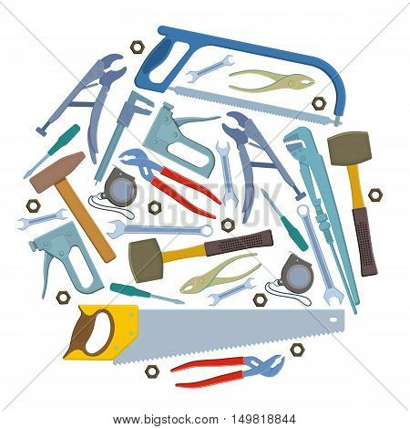 Set of repair tools icons in circle shape background. Template for packaging cards posters and menu. Vector stock illustration.
