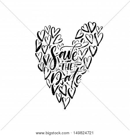 Save the Date card. Hand drawn lettering for wedding. Ink illustration. Modern brush calligraphy. Isolated on white background.