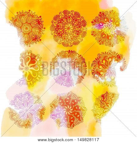 yellow watercolor splash background with 9 rangoli flower different elements for diwali festival greeting card design, vector illustration eps 10