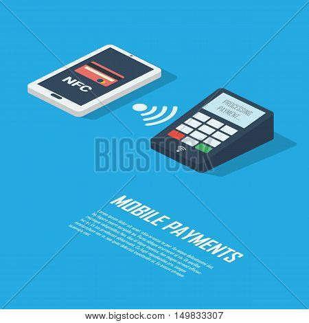 Mobile payments concept infographics presentation. Smartphone with nfc technology making wireless contactless transactions. Eps10 vector illustration.