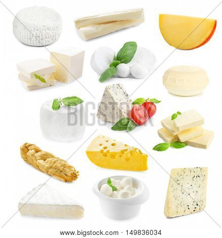 Different types of dairy products on white background. Dairy food collage.