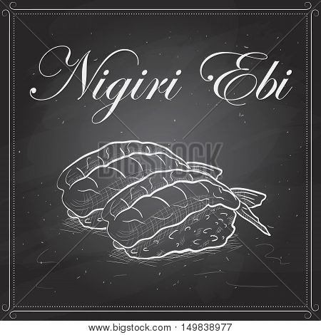 Vector sushi sketch, Nigiri Ebi on a blackboard