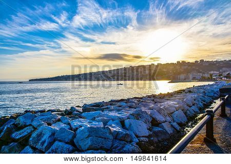 Naples, Italy. Panoramic view seafront Francesco Caracciolo, on the shore of Mediterranean sea.