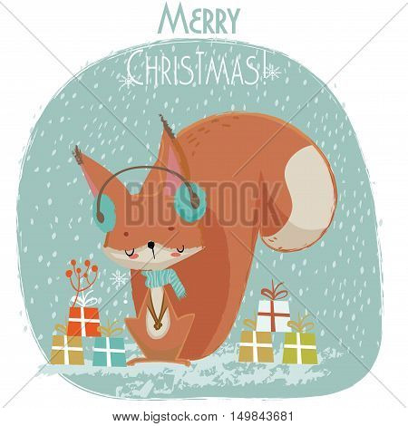 Cute Christmas vector card - squirrel cartoon character