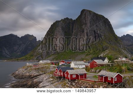 Fishing village Hamnoy under a cloudy sky Lofoten Norway