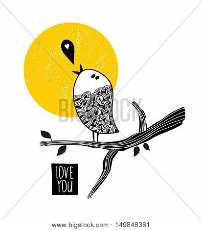 Song about love. Vector illustration of romantic bird on the tree.