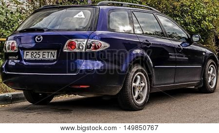 Kazakhstan, Ust-Kamenogorsk, october 3, 2016: Mazda 6, blue car, new japanese car in the street, combi