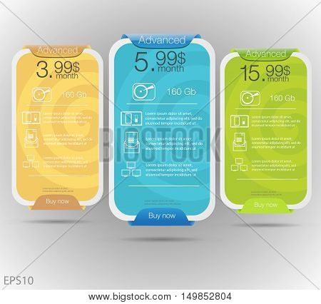 Three tariffs banners. Web pricing table. Vector design for web app.