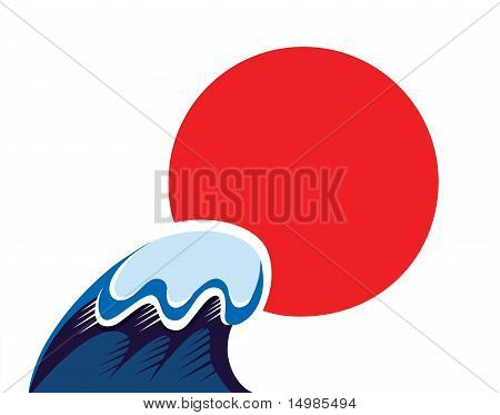 Japan symbool van de zon en Tsunami Wawe geïsoleerd op wit.