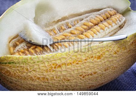 A teaspoon with a slice of melon in the fruit