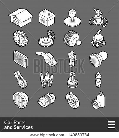 Isometric outline icons, 3D pictograms vector set - Car parts and services symbol collection