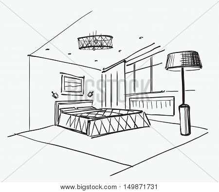 Vector Illustration of the bedroom. Hand drawn sketch.