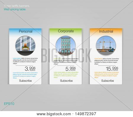 Three tariffs banners. Web pricing table. Vector design for web app. Price list. Business tariff banners.