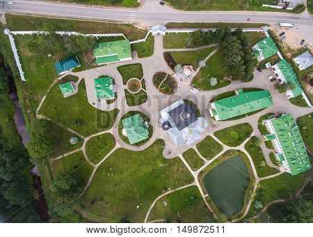 Aerial view Spaso-elizarovskiy traditional monastery in Pskov Russia