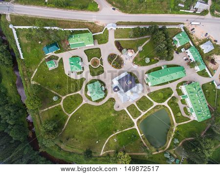 Aerial view Spaso-elizarovskiy traditional monastery in Pskov Russia