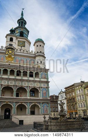 Poznan Poland - September 29 2016: Poznan Old Town with Prozerpin's fountain beautifully decorated facade of the city hall and numerous townhouses.