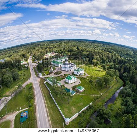Aerial view Spaso-elizarovskiy traditional monastery in Pskov Russia