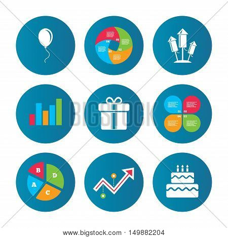 Business pie chart. Growth curve. Presentation buttons. Birthday party icons. Cake and gift box signs. Air balloons and fireworks rockets symbol. Data analysis. Vector