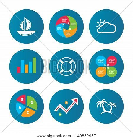 Business pie chart. Growth curve. Presentation buttons. Travel icons. Sail boat with lifebuoy symbols. Cloud with sun weather sign. Palm tree. Data analysis. Vector
