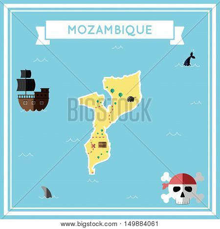 Flat Treasure Map Of Mozambique. Colorful Cartoon With Icons Of Ship, Jolly Roger, Treasure Chest An