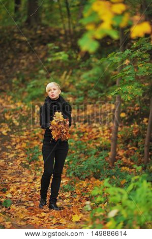Beautiful slender blonde with a bouquet of Golden maple leaves in colorful autumn forest.