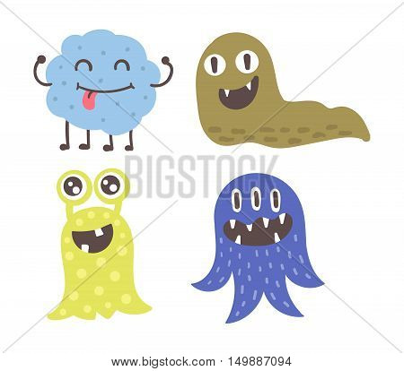 Cute monster color character funny design elements. Humour emoticon fantasy monster unique expression sticker isolated. Alien sticker vector fantasy monster paint crazy animals.