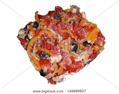 Multicolored salad with cheese feta red tomatoes white onion black olives red and yellow paprika on white background