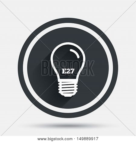 Light bulb icon. Lamp E27 screw socket symbol. Led light sign. Circle flat button with shadow and border. Vector