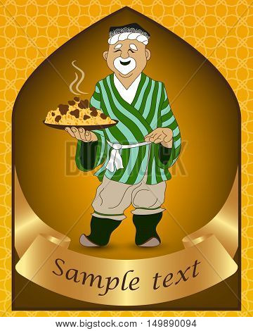 Cartoon doodle hand draw an Uzbek man prepares and invites pilaf - the national dish of Uzbekistan Asia. Illustration as a template for the cook poster teahouse sign billboard.