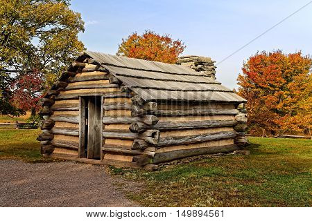 Reproduction of cabins used by Revolutionary War soldiers during the winter of 1777-78 under the command of George Washington. Located in Valley Forge National Historical Park Pennsylvania USA
