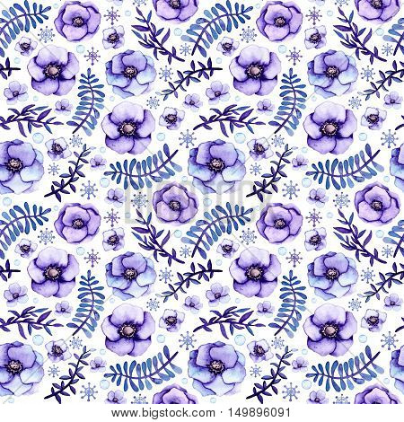Seamless Floral Pattern with Watercolor Gentle Blue Flowers Leaves and Little Snowflakes