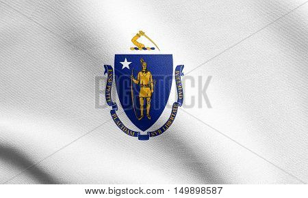 Massachusettsan official flag symbol. American patriotic element. USA banner. United States of America background. Flag of the US state of Massachusetts waving in wind with detailed fabric texture, illustration