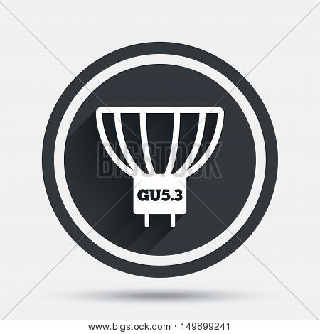 Light bulb icon. Lamp GU5.3 socket symbol. Led or halogen light sign. Circle flat button with shadow and border. Vector