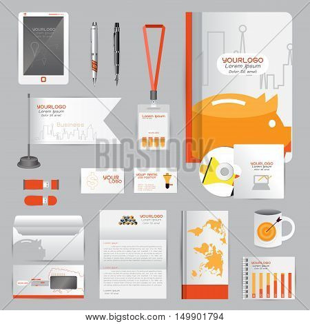 White identity template with Orange Pig Business charts the work of saving and Pens mugs CDs books business cards letterhead flag Card Portfolio employees Tablet