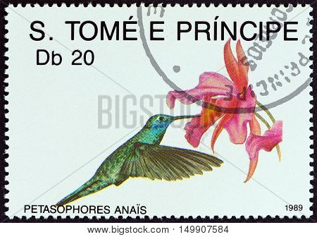 SAO TOME AND PRINCIPE - CIRCA 1989: A stamp printed in Sao Tome and Principe from the "Hummingbirds " issue shows Petasophores anais, circa 1989.