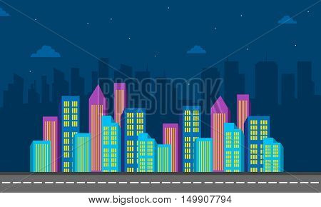 City cuilding color at night of silhouette vector illustration