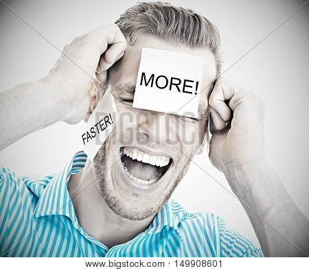 Too Much Work! - Portrait Of An Overwhelmed Man With Post-it Stickers In His Face Showing 