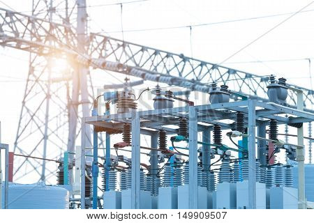 Substation in the power production equipment and pylons