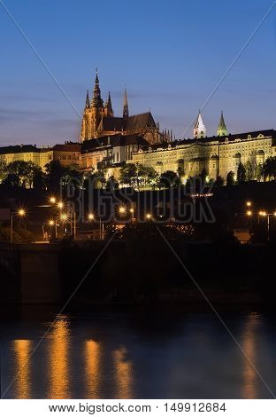 Evening landscape with Prague Castle (Prazsky Hrad) and Vltava river in Prague Czech Republic.